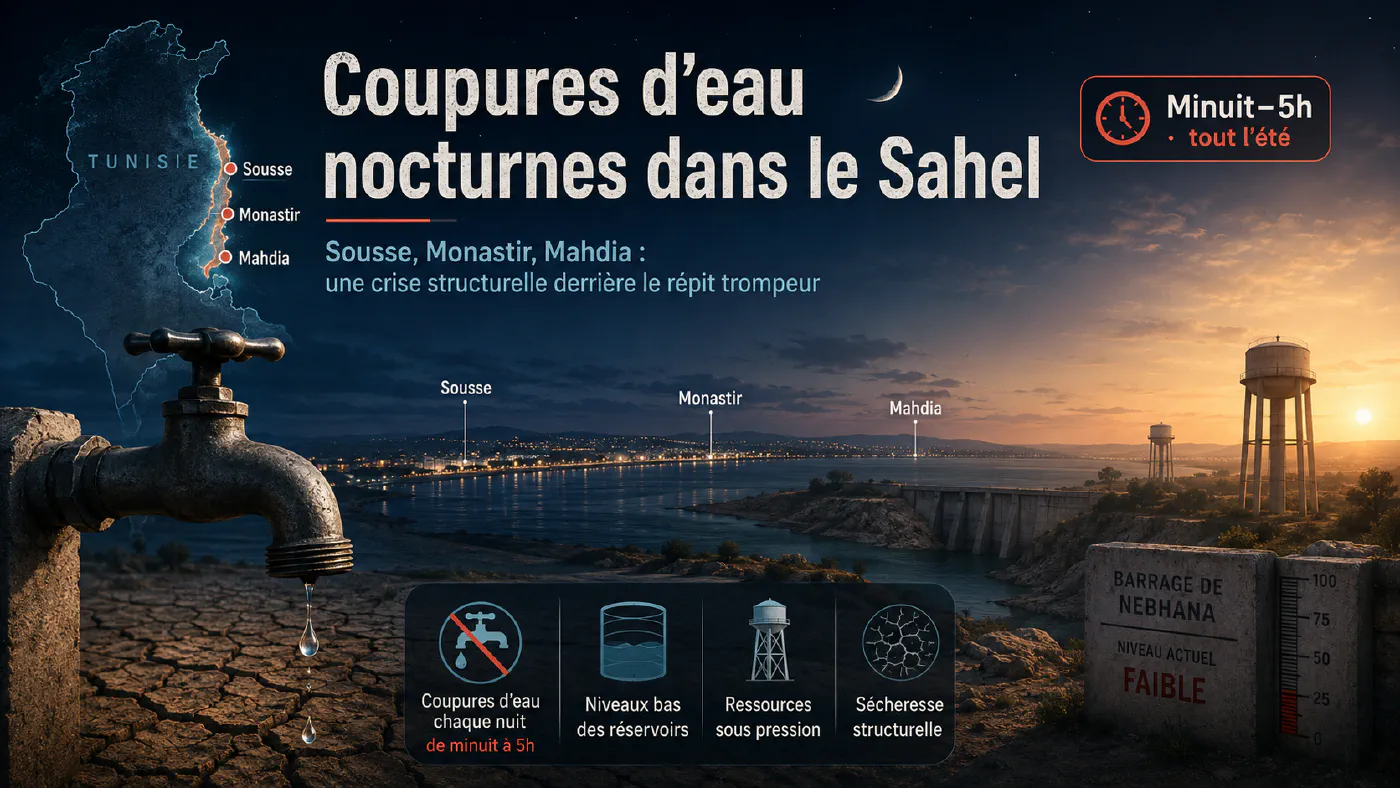 Château d’eau et coupure nocturne dans le Sahel tunisien.